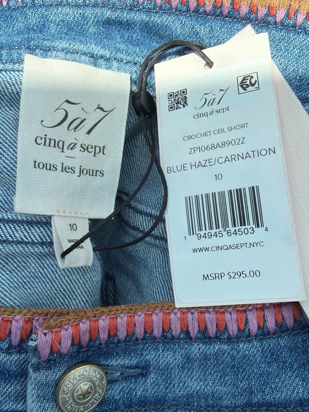 cinq a sept Blue Denim High-Waist Shorts with Pink Trim - Picture 3 of 3
